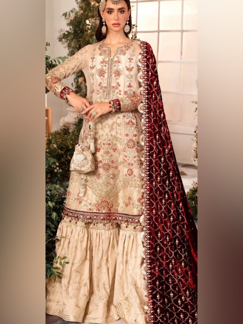 Boutique 9 Cream & Maroon Embroidered Maxi Dress